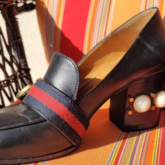 Gucci Black Peyton Loafer Pearl Heel Shoes Size 5 - Picture 7 of 16